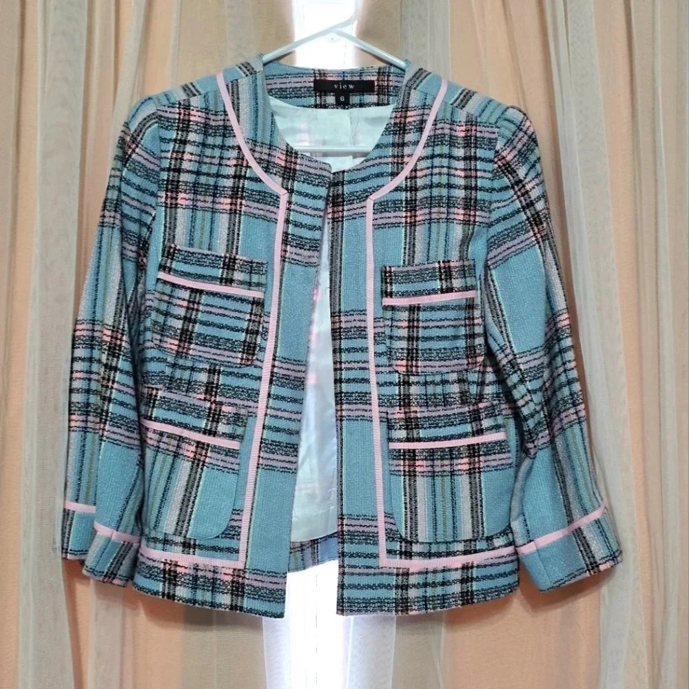 View Cropped Tweed Blazer/Dress Jacket, Light Blue/Pink Plaid, Lined, Sz 6, EUC!